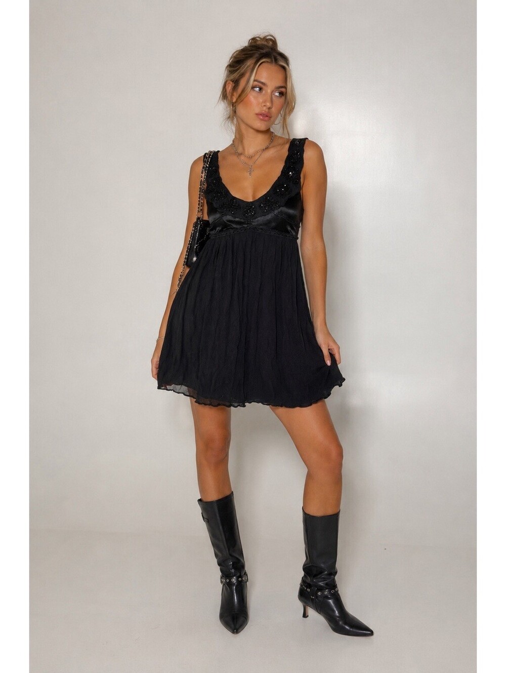 Leon Max Y2K Black Silk Blend Beaded Empire Waist Babydoll Dress Women’s 4